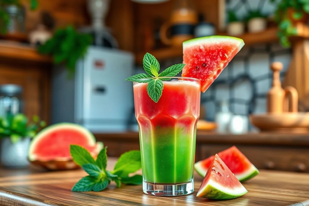 Smoothie de melancia refrescante com hortelã e fatia de melancia