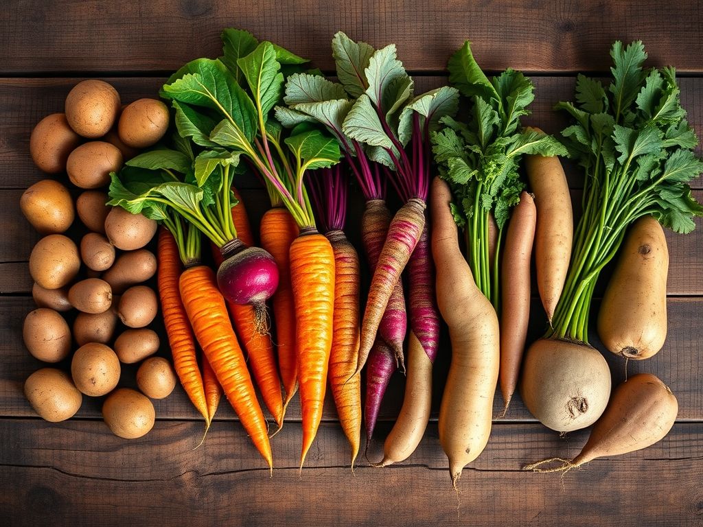 Uma mesa rústica de madeira exibindo uma variedade de vegetais de raiz e tubérculos.