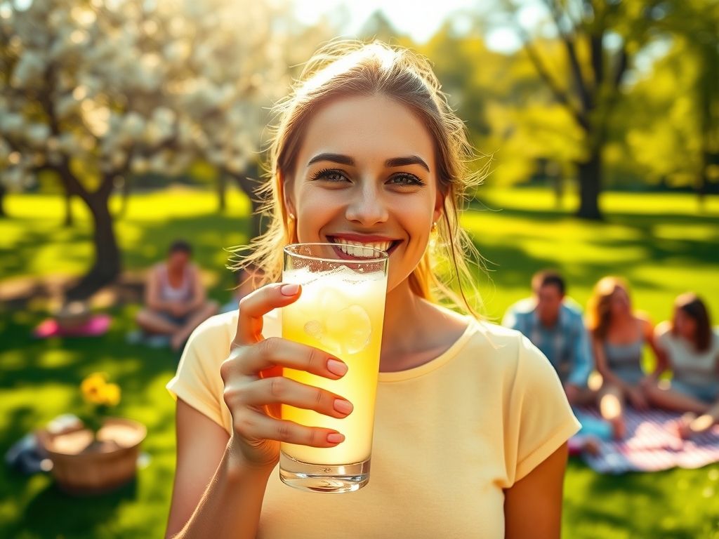 Uma mulher sorrindo segurando um copo de limonada suíça, com sua família ao fundo desfrutando de um piquenique em um parque ensolarado.
