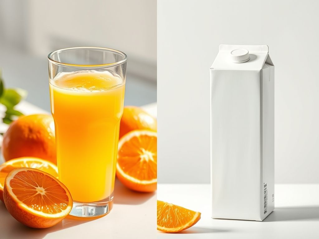 Comparação entre suco de laranja fresco e suco de laranja de caixinha.