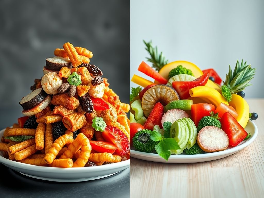 Comparação visual entre uma alimentação rica em alimentos processados e uma alimentação equilibrada com frutas, verduras e proteínas magras.