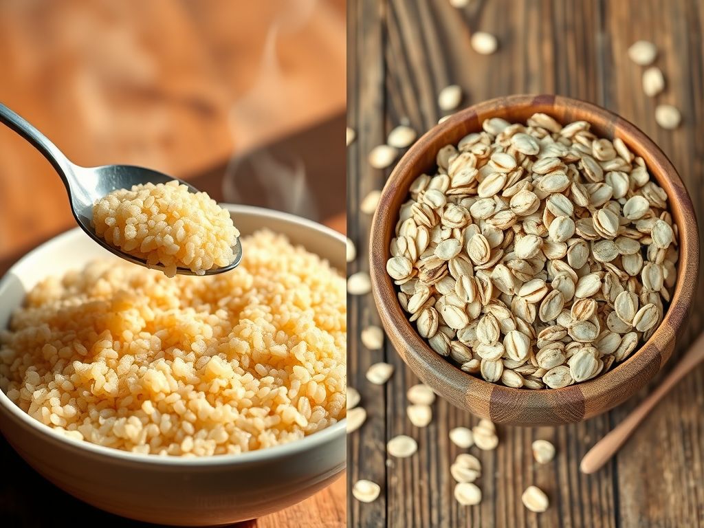 Comparativo visual entre quinoa e aveia, mostrando suas texturas e sugestões de preparo.