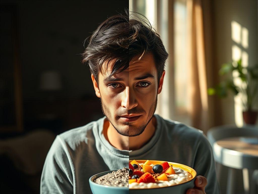 Imagem comparativa mostrando uma pessoa cansada e depois energizada após consumir um café da manhã com chia.