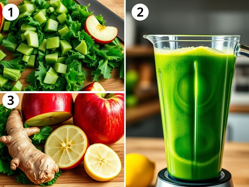 Guia visual passo a passo da receita de suco detox verde, mostrando o preparo dos ingredientes, a mistura no liquidificador e o suco pronto.