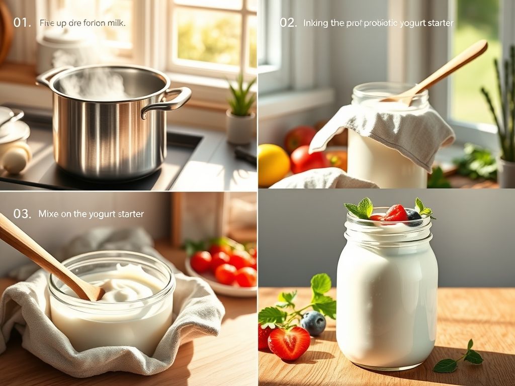 Guia visual passo a passo para fazer iogurte caseiro, mostrando as etapas de aquecimento do leite, mistura do iogurte, incubação e o produto final.