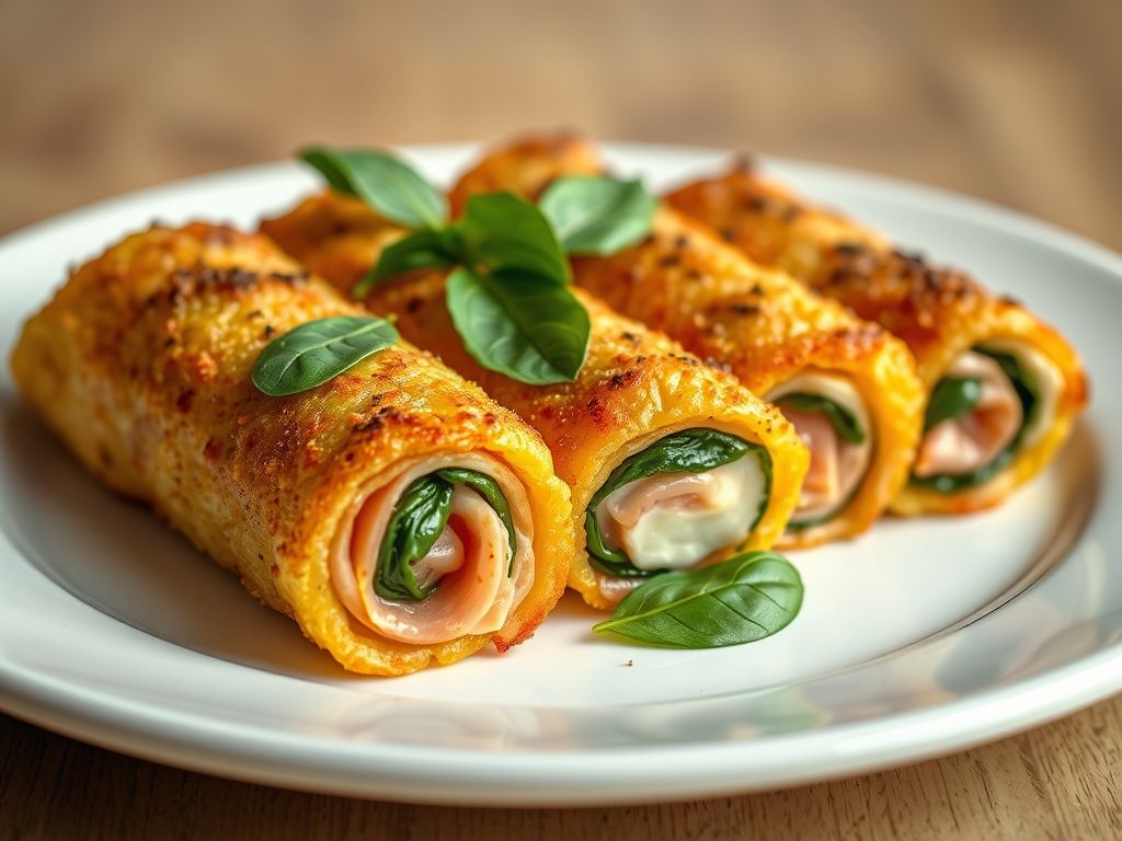 Imagem vibrante e apetitosa de rolinhos de frango recheados com queijo mussarela, presunto e espinafre, dispostos em um prato branco. Os rolinhos de frango estão dourados e levemente brilhantes.