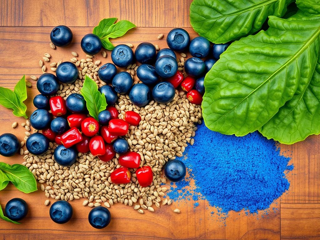 Uma variedade colorida de superalimentos como mirtilos, sementes de chia, goji berries, couve e açaí em pó.