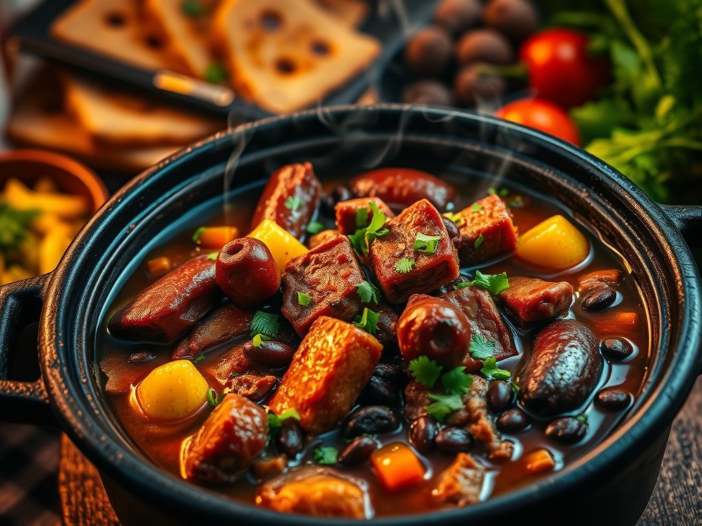Feijoada brasileira tradicional servida em panela de barro, com detalhes dos ingredientes e acompanhamentos.