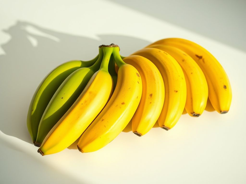 Diferentes estágios de amadurecimento da banana, do verde ao amarelo com manchas marrons.