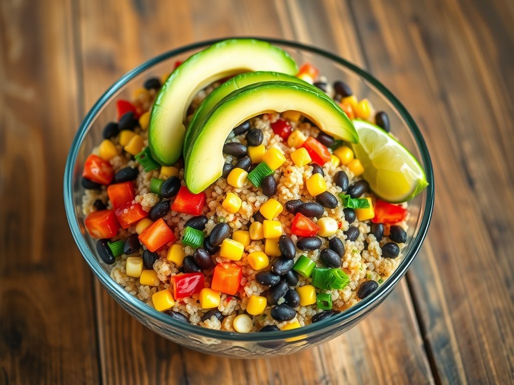 Salada colorida com quinoa, feijão preto, milho, pimentões, abacate e limão.