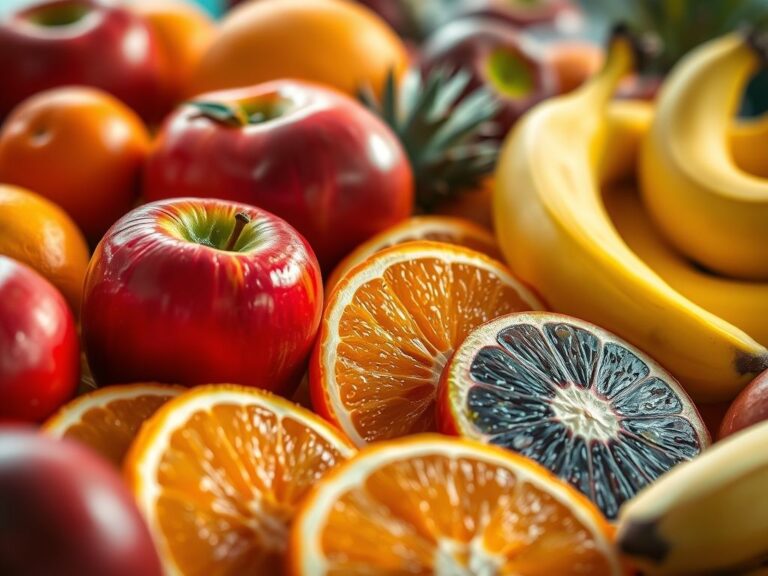 Uma variedade colorida de frutas frescas, incluindo maçãs, laranjas, bananas, frutos silvestres, mangas, kiwis e maracujá.