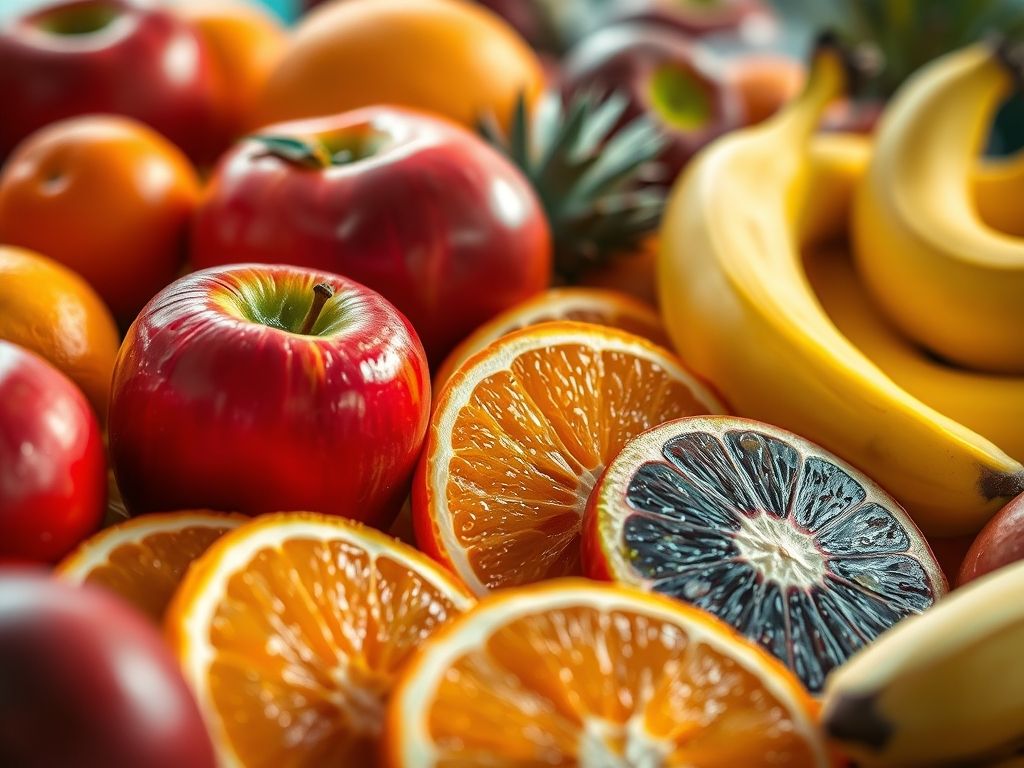 Uma variedade colorida de frutas frescas, incluindo maçãs, laranjas, bananas, frutos silvestres, mangas, kiwis e maracujá.