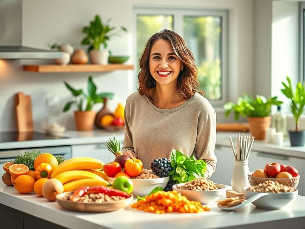 Mulher sorrindo enquanto prepara uma refeição saudável e colorida na cozinha.