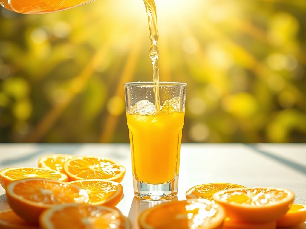 Copo de suco de laranja fresco sendo servido, com laranjas ao redor.