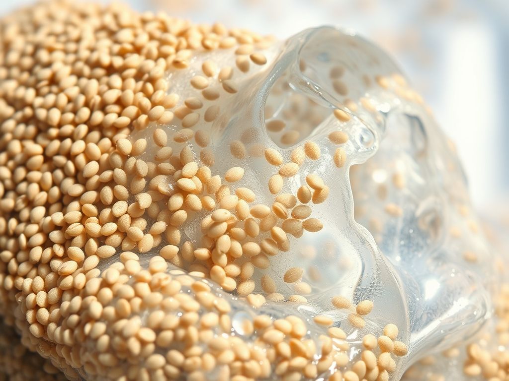 Imagem vibrante mostrando as sementes de chia se expandindo na água, formando uma substância gelatinosa.