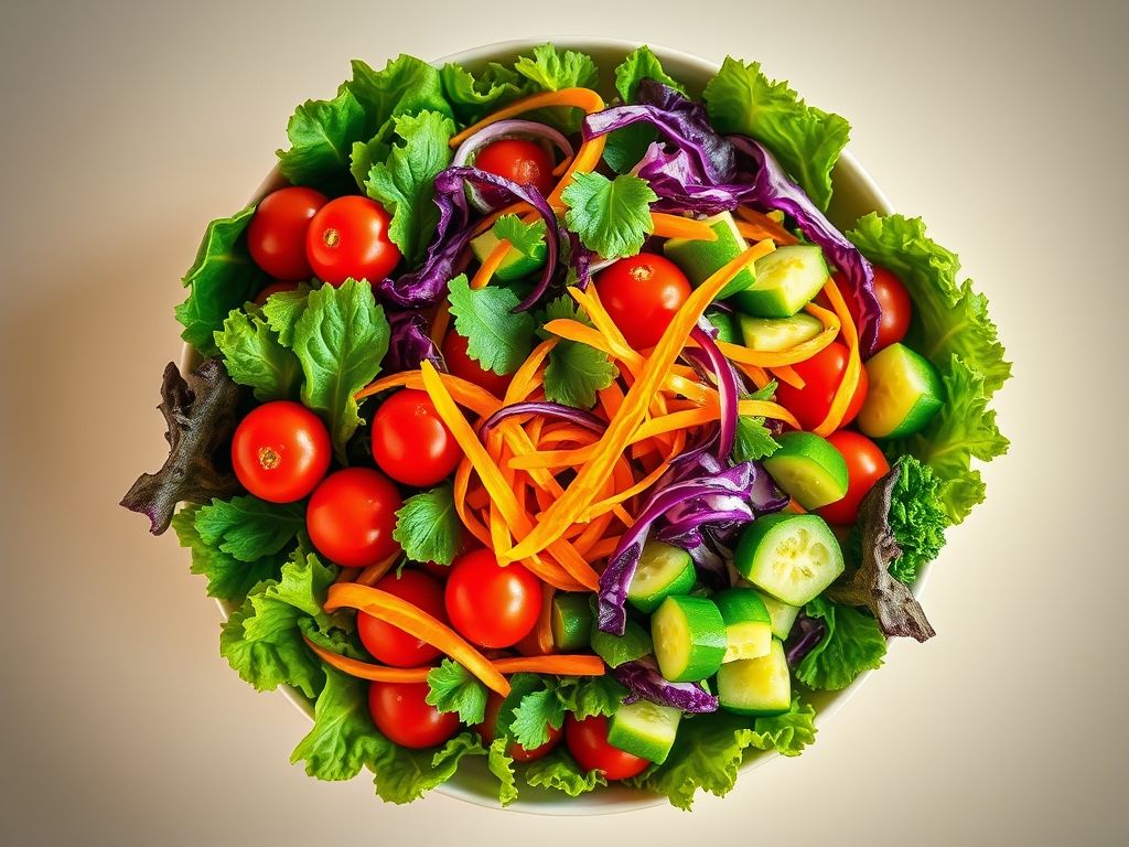 Uma tigela de salada colorida e vibrante com uma variedade de vegetais frescos.