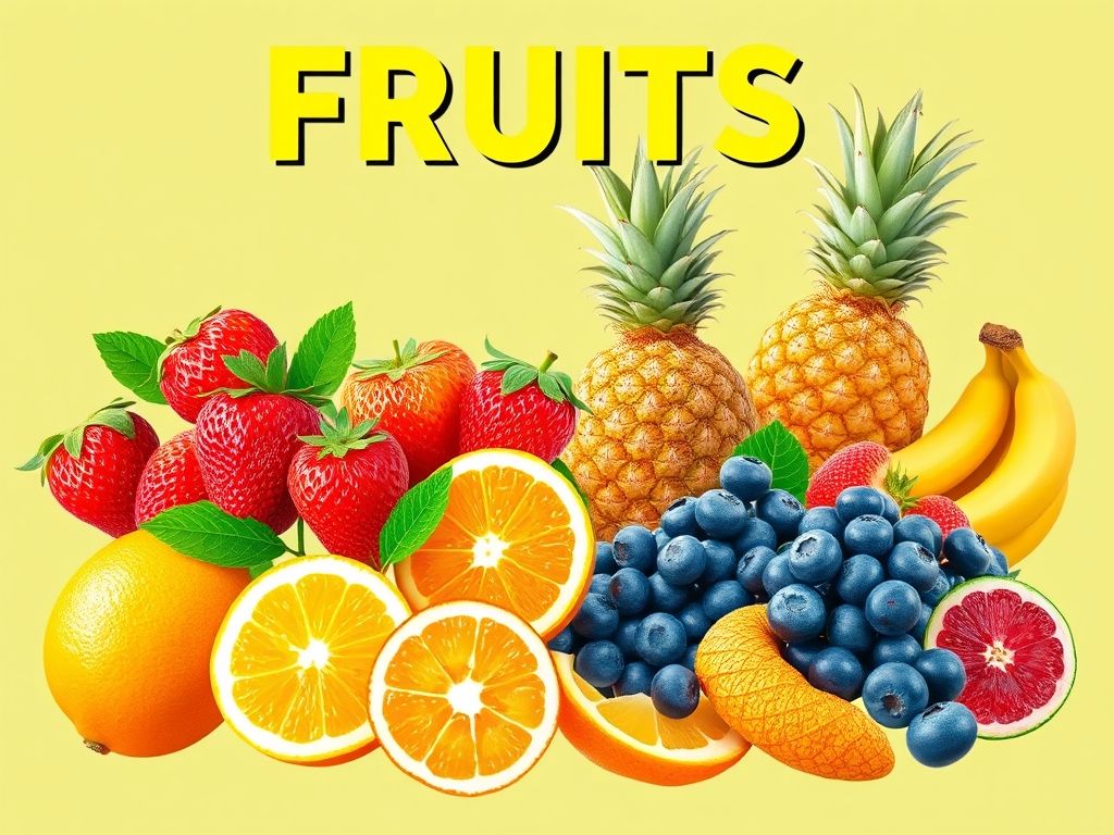 Colagem de diferentes tipos de frutas: cítricas, vermelhas e roxas, tropicais e oleaginosas.