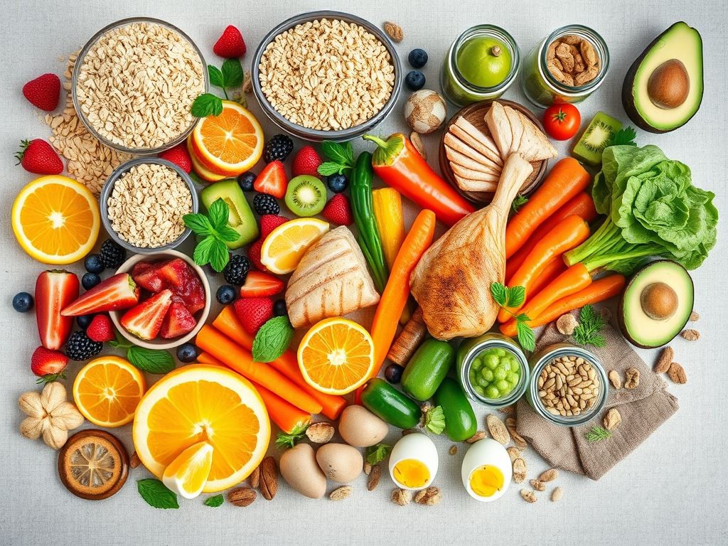 Disposição de alimentos saudáveis, incluindo grãos integrais, frutas, legumes, proteínas magras e gorduras saudáveis.
