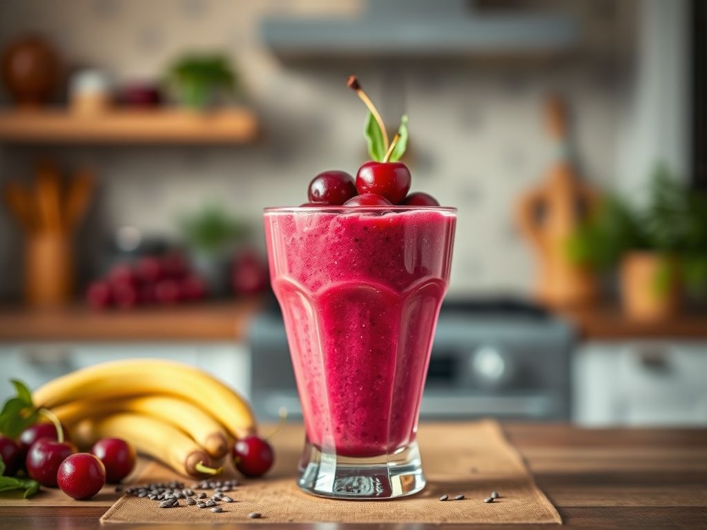 Imagem de um smoothie rosa vibrante feito com acerola, decorado com acerolas e sementes de chia.
