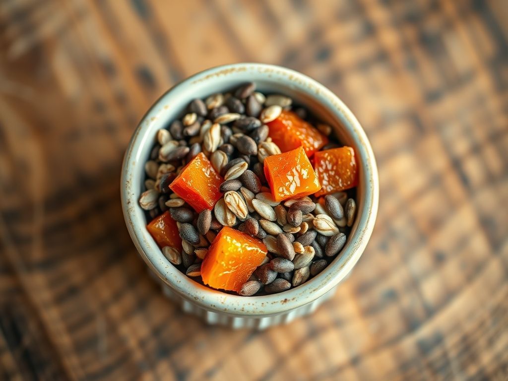 Mix de fibras caseiro com sementes de chia, linhaça, farelo de aveia e ameixa seca picada.