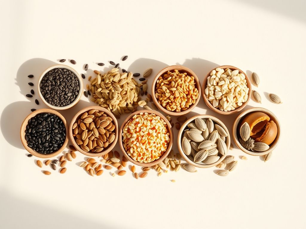 Diversas sementes e grãos como chia, linhaça, quinoa, sementes de abóbora e sementes de girassol em pequenas tigelas.
