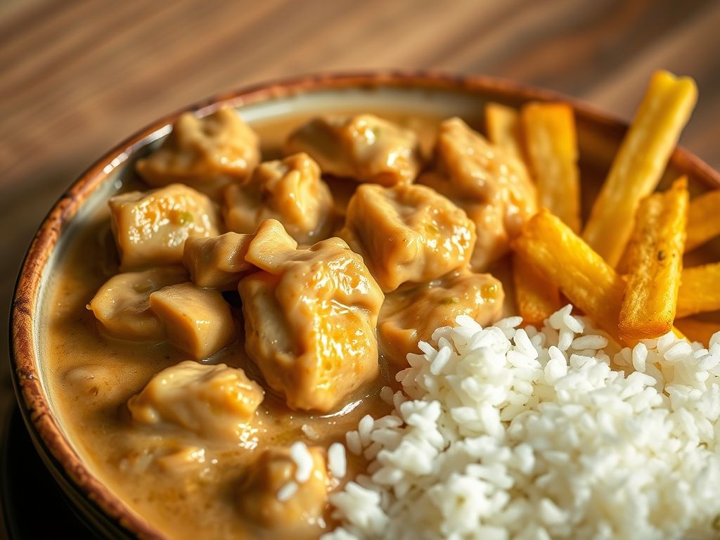 Uma foto visualmente atraente de uma tigela de estrogonofe de frango cremoso servido com arroz branco e batata palha. O estrogonofe é rico em cores, com pedaços visíveis de frango e cogumelos.