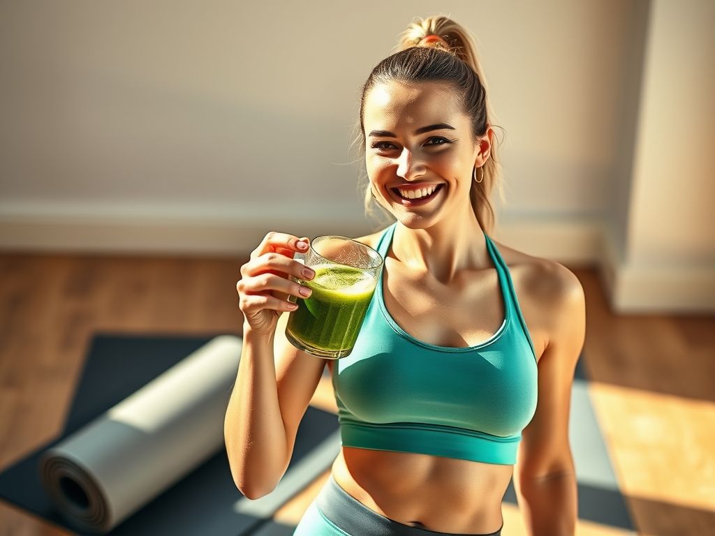 Mulher bebendo suco detox verde após o exercício físico, demonstrando um estilo de vida saudável.