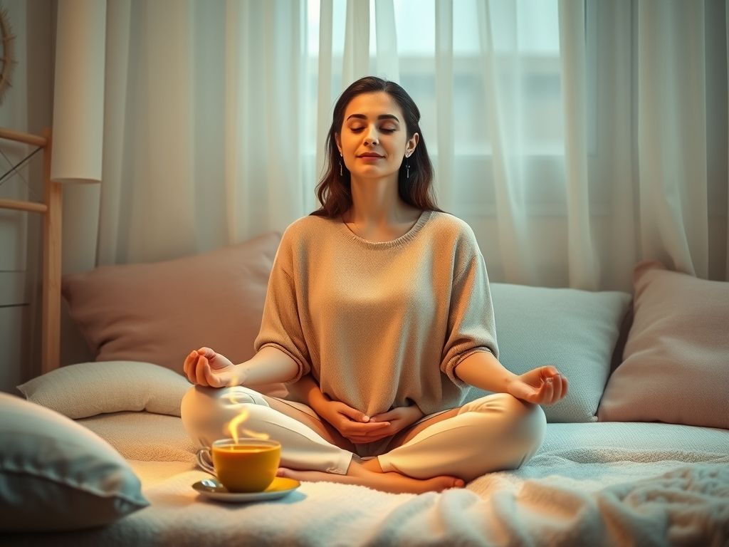 Mulher meditando calmamente com uma xícara de chá de camomila ao lado.