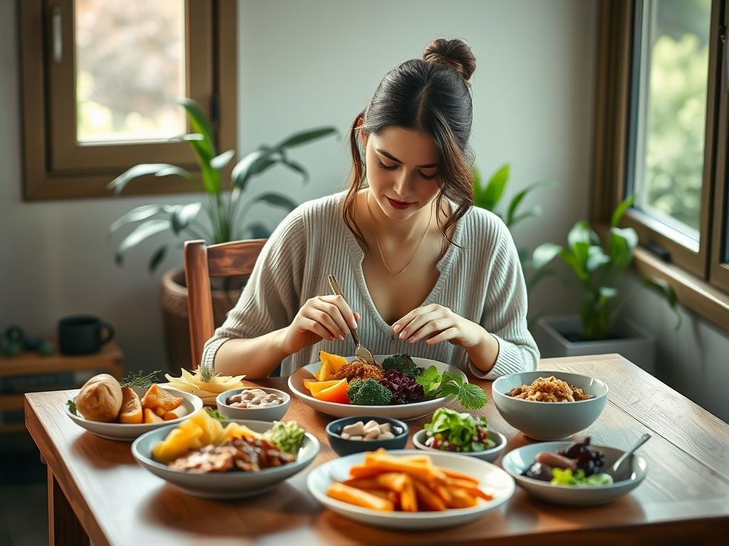 Mulher praticando alimentação consciente, concentrando-se nos sentidos ao comer.