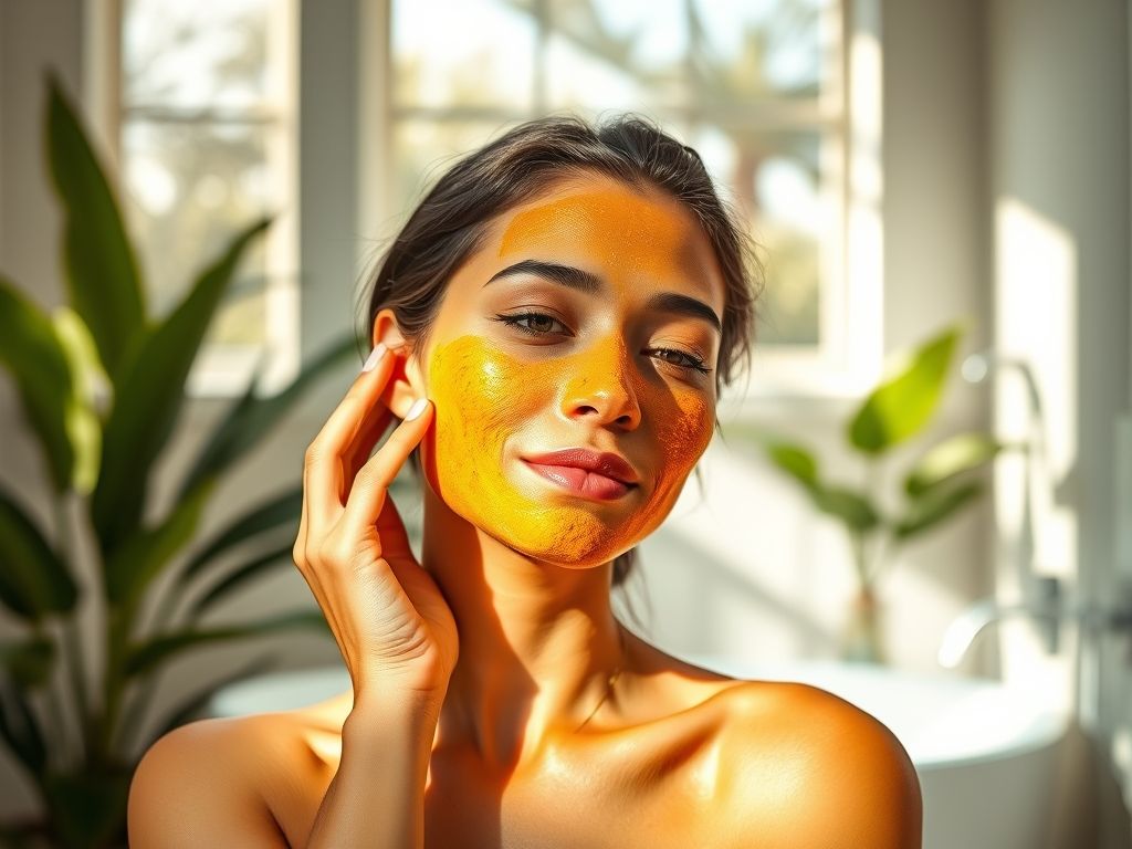 Uma mulher com pele radiante aplicando uma máscara facial caseira de cúrcuma em um banheiro iluminado.