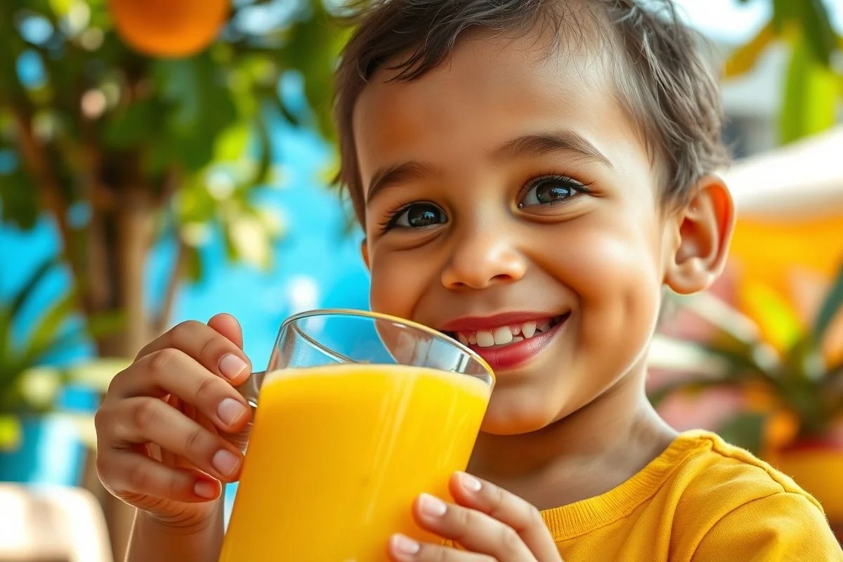 Criança brasileira bebendo suco de maracujá com sementes.