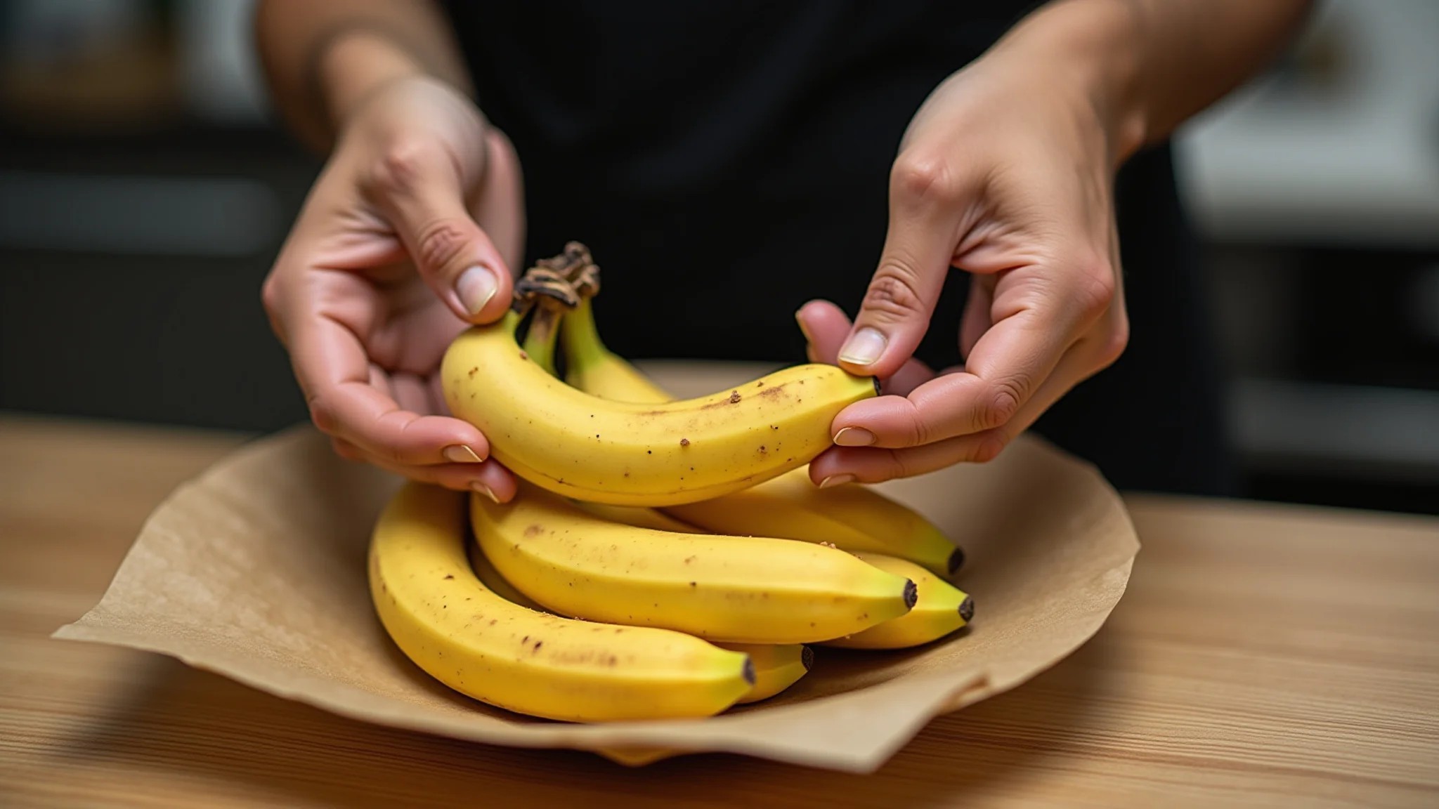 Mãos colocando abacates em sacola com banana para amadurecer.