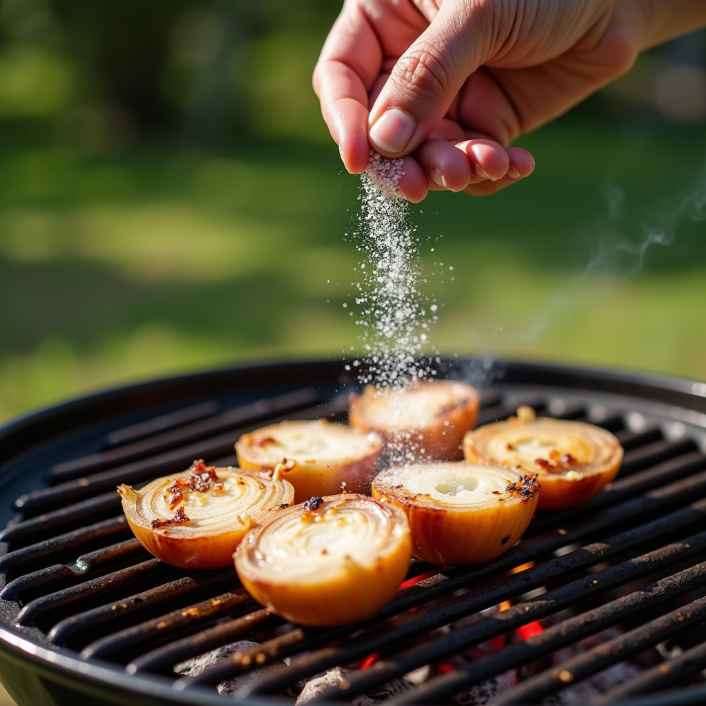 Adding coarse salt to onion for BBQ grill cleaning, close-up, backyard, sunny day, lifestyle Potencializando a limpeza: cebola com sal grosso na grelha.