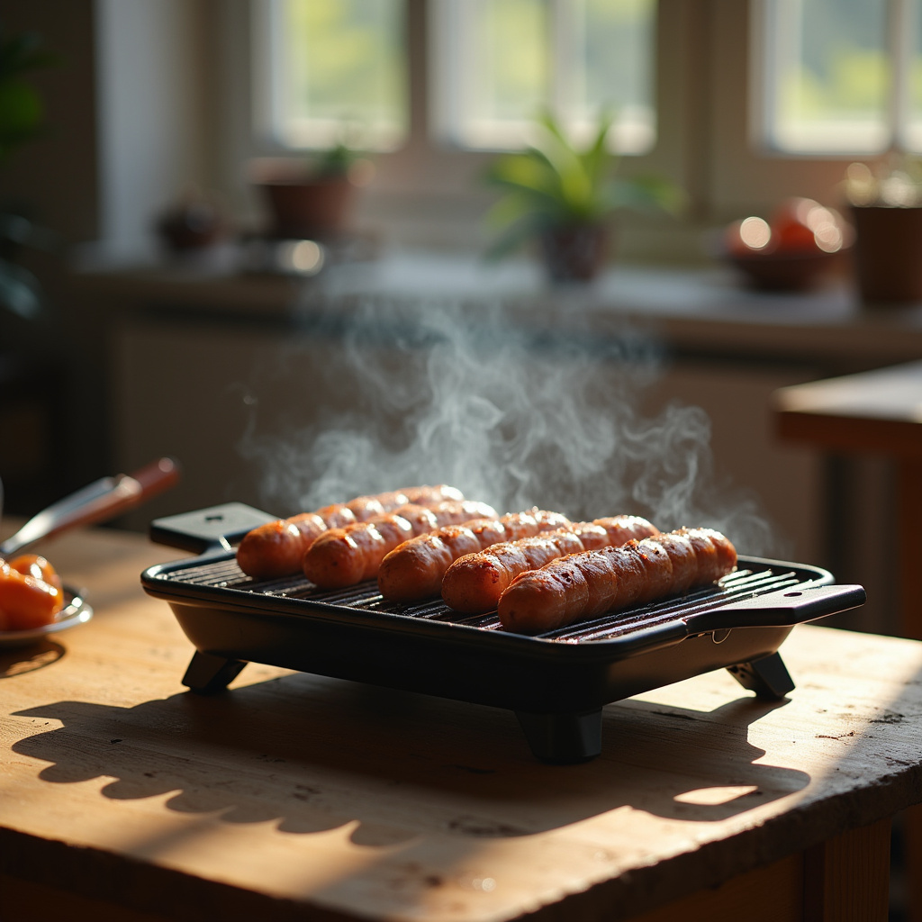 Affordable electric grill on a simple table, sausages cooking, natural light, 8K, commercial Churrasqueira elétrica barata com bom custo-benefício.
