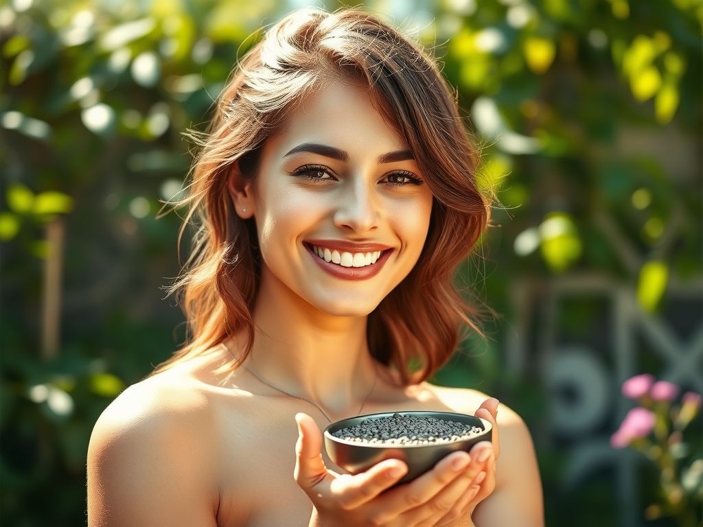 Mulher atraente com pele radiante e cabelo saudável, sorrindo e segurando uma tigela de sementes de chia.