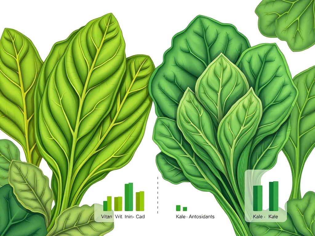 Ilustração comparando os benefícios nutricionais das folhas de batata doce com espinafre e couve.