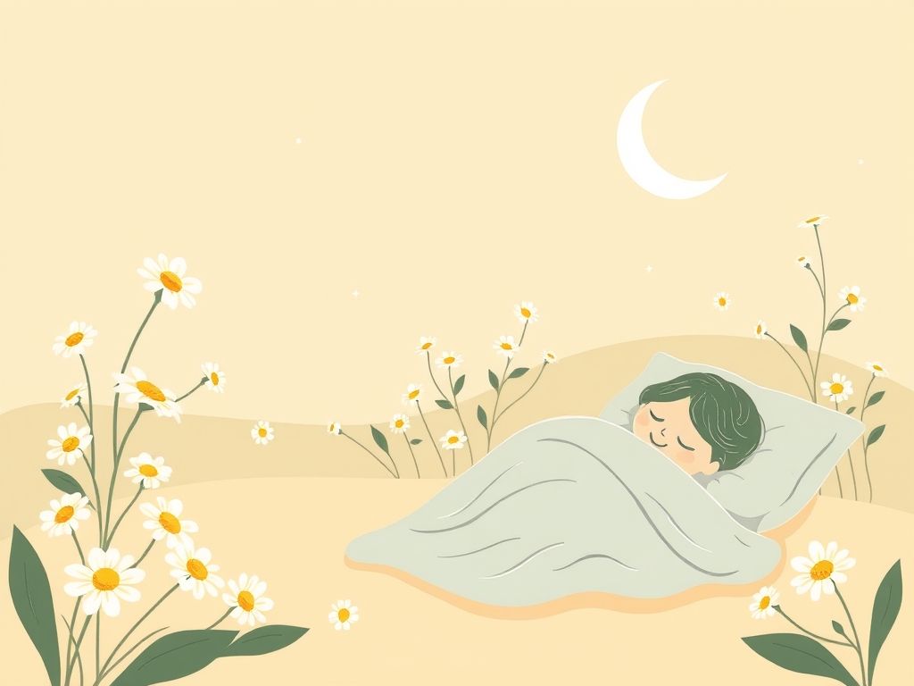 Ilustração mostrando os benefícios do chá de camomila: relaxamento, sono e redução do estresse.