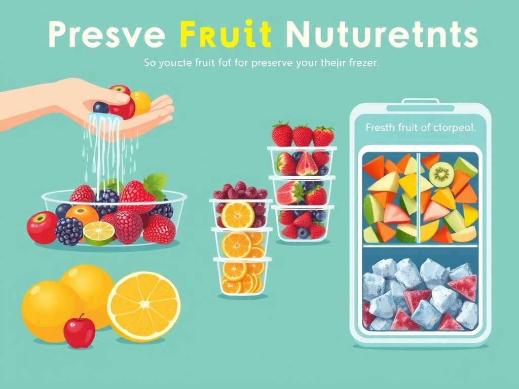 Infográfico com dicas de como armazenar frutas para preservar seus nutrientes, incluindo lavar, guardar em recipientes fechados, congelar e manter em temperatura ambiente.