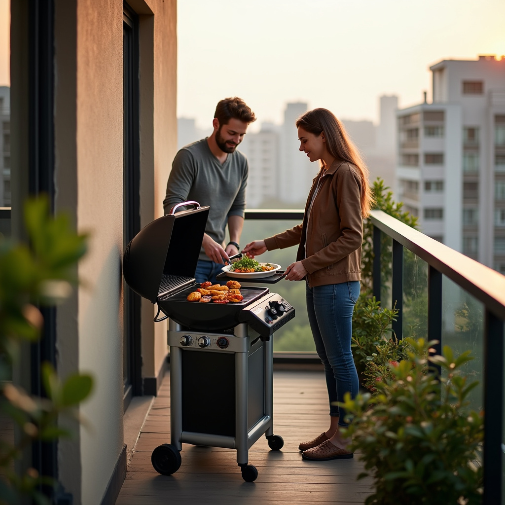 Apartment balcony, compact gas grill, couple grilling, urban view, plants, cozy atmosphere, Churrasqueira a gás compacta em varanda de apartamento.