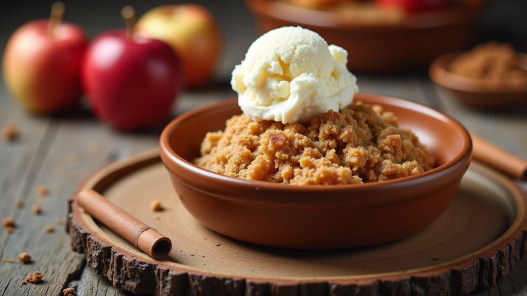 Apple crumble with cinnamon, warm dessert, rustic setting, vanilla ice cream, 8K quality, sharp Crumble de maçã com canela.
