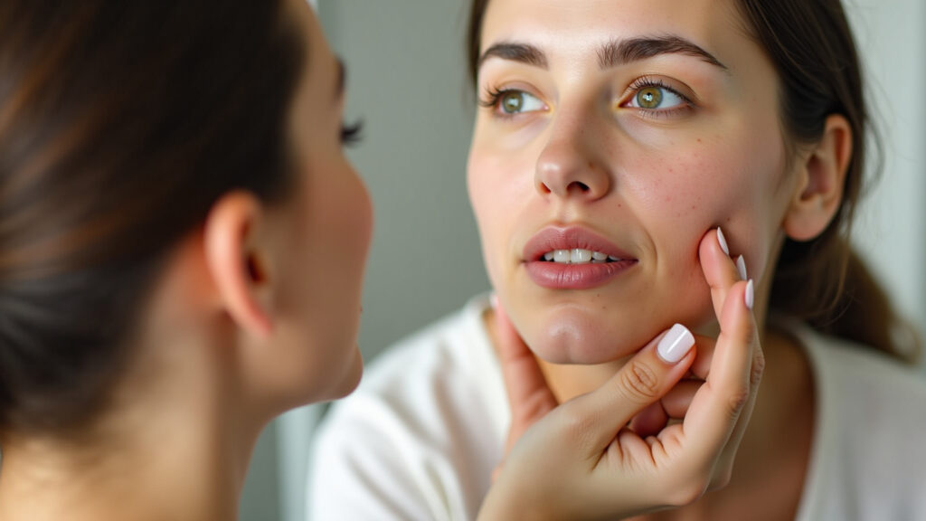 Applying diluted oregano oil on herpes, woman's lip, natural light, healing process, skincare, 8K, Óleo de orégano para herpes labial.