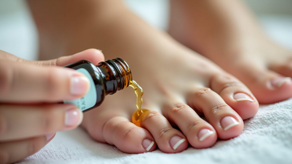 Applying oregano oil to nail fungus, close-up, healthy nails, natural light, foot care, 8K, Tratamento de fungo na unha com óleo de orégano.