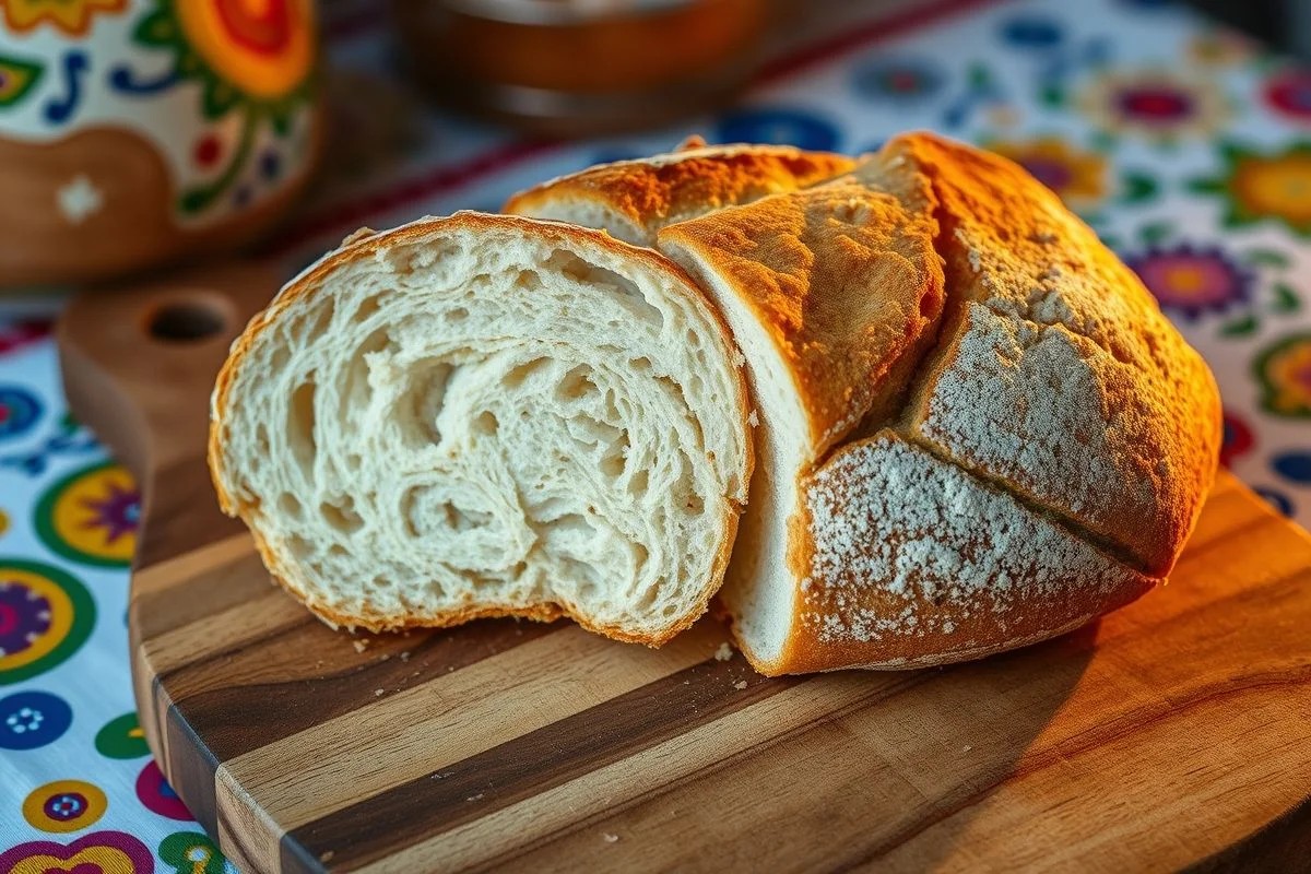 Pão caseiro com casca crocante e interior macio.