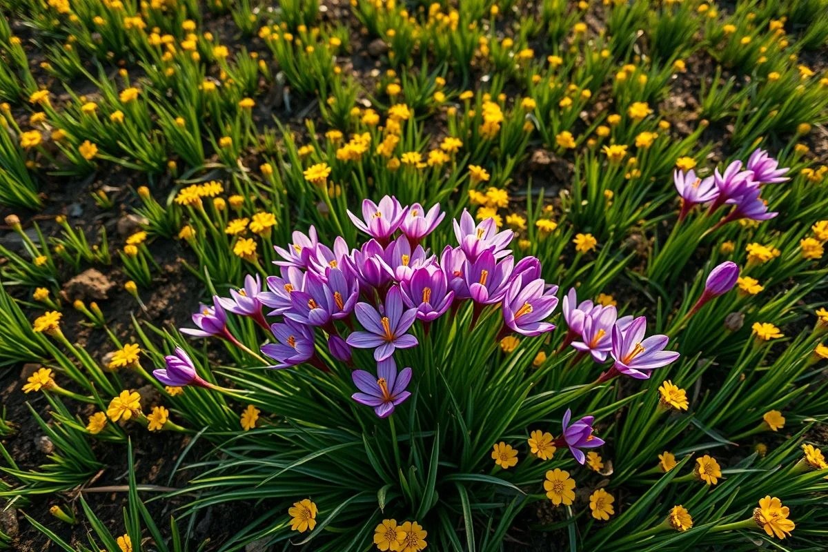 Flores de Crocus sativus em campo. Açafrão legítimo. Origem do açafrão.