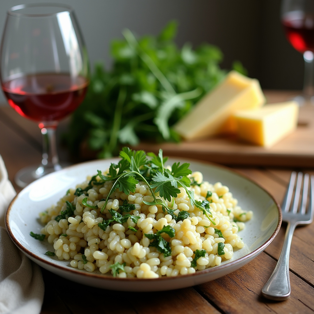 Arugula risotto with fresh arugula, cheese, and wine on a wooden table, natural light, 8k, sharp Risoto de rúcula com ingredientes frescos.