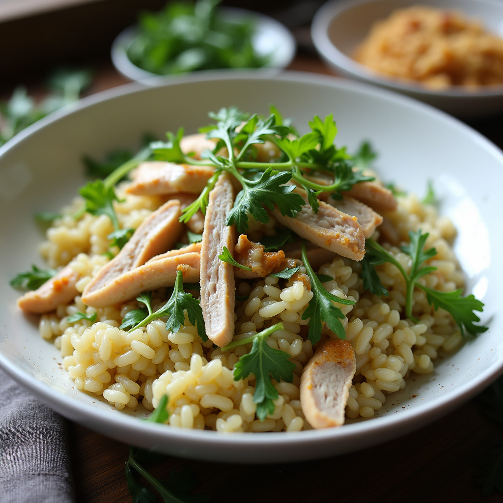 Arugula risotto with shredded chicken, quick and easy meal, 8k, sharp focus, natural light, simple, Risoto de rúcula com frango desfiado.
