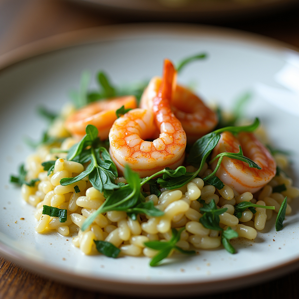 Arugula risotto with shrimp and lemon zest, served on a plate, 8k, sharp focus, natural light, Risoto de rúcula com camarão.