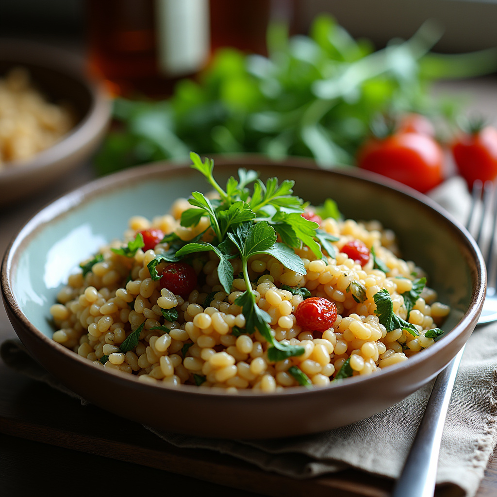 Arugula risotto with sun-dried tomatoes, Mediterranean style, 8k, sharp focus, natural light, Risoto de rúcula com tomate seco.