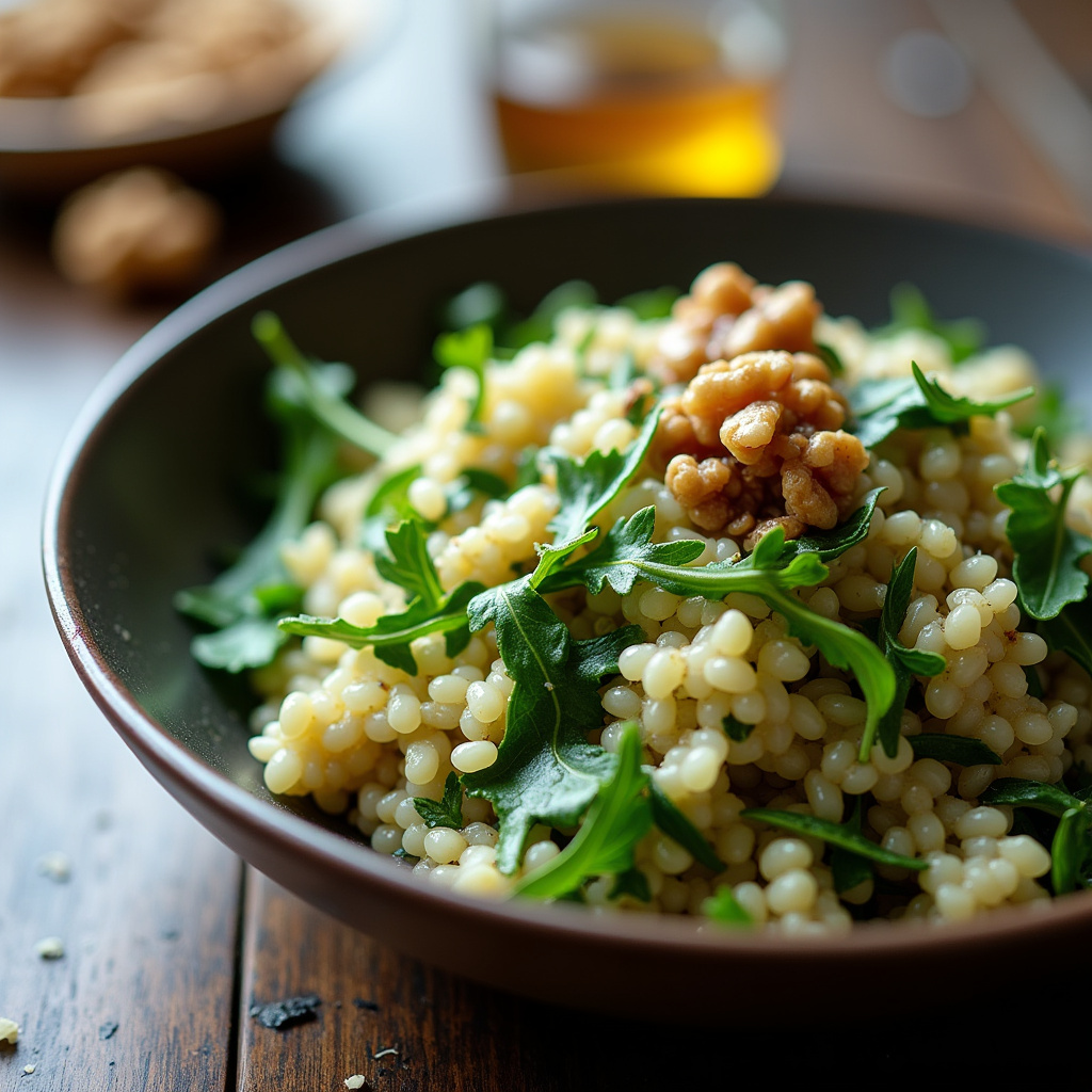 Arugula risotto with walnuts, crunchy texture, 8k, sharp focus, natural light, nutty, lifestyle Risoto de rúcula com nozes.