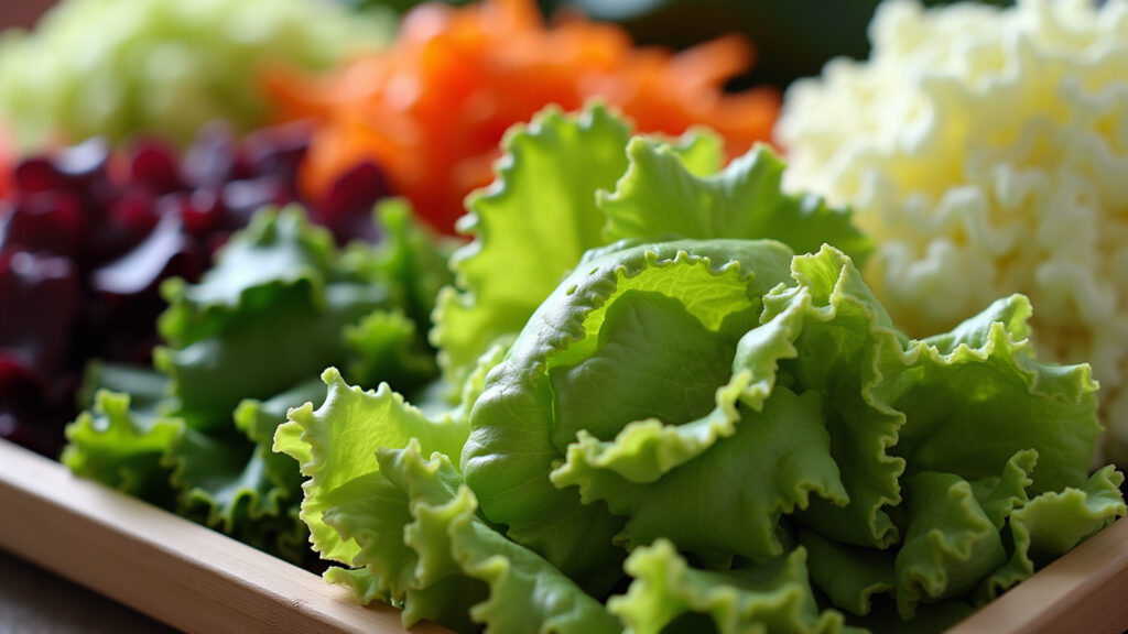 Assorted lettuce varieties in a colorful salad, natural lighting, professional photography, 8K Salada com diferentes tipos de alface, leveza e saúde para o coração.